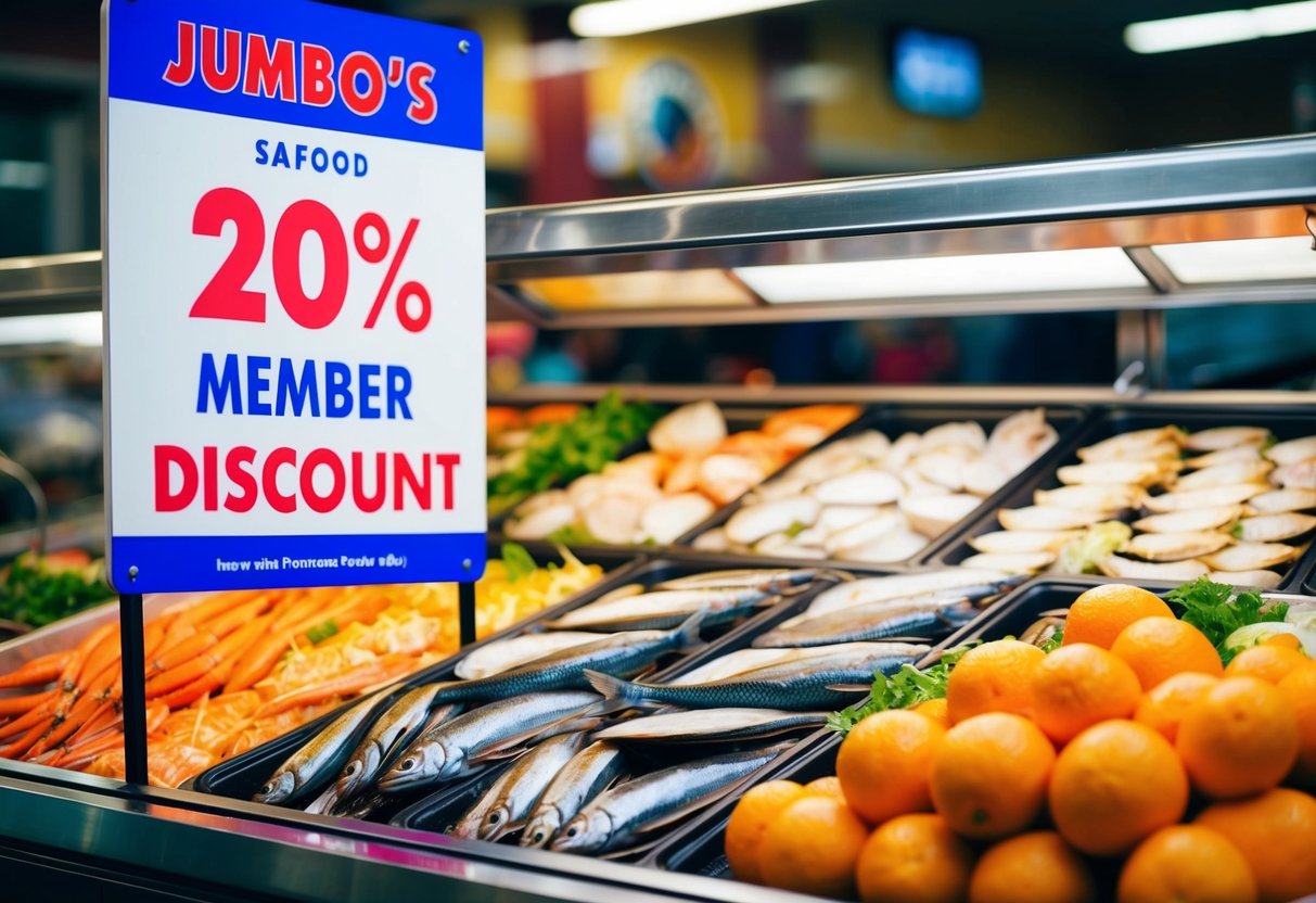 A colorful display of fresh seafood with a prominent "JUMBO's 20% Member Discount" sign