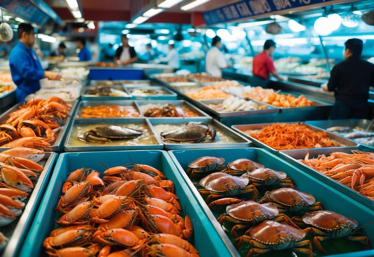 A bustling seafood market with a variety of live seafood on display, including tanks filled with crabs, lobsters, and fish