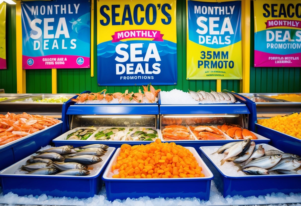 A colorful display of fresh seafood on ice, surrounded by vibrant banners and signs advertising Seaco's Monthly Sea Deals promotions