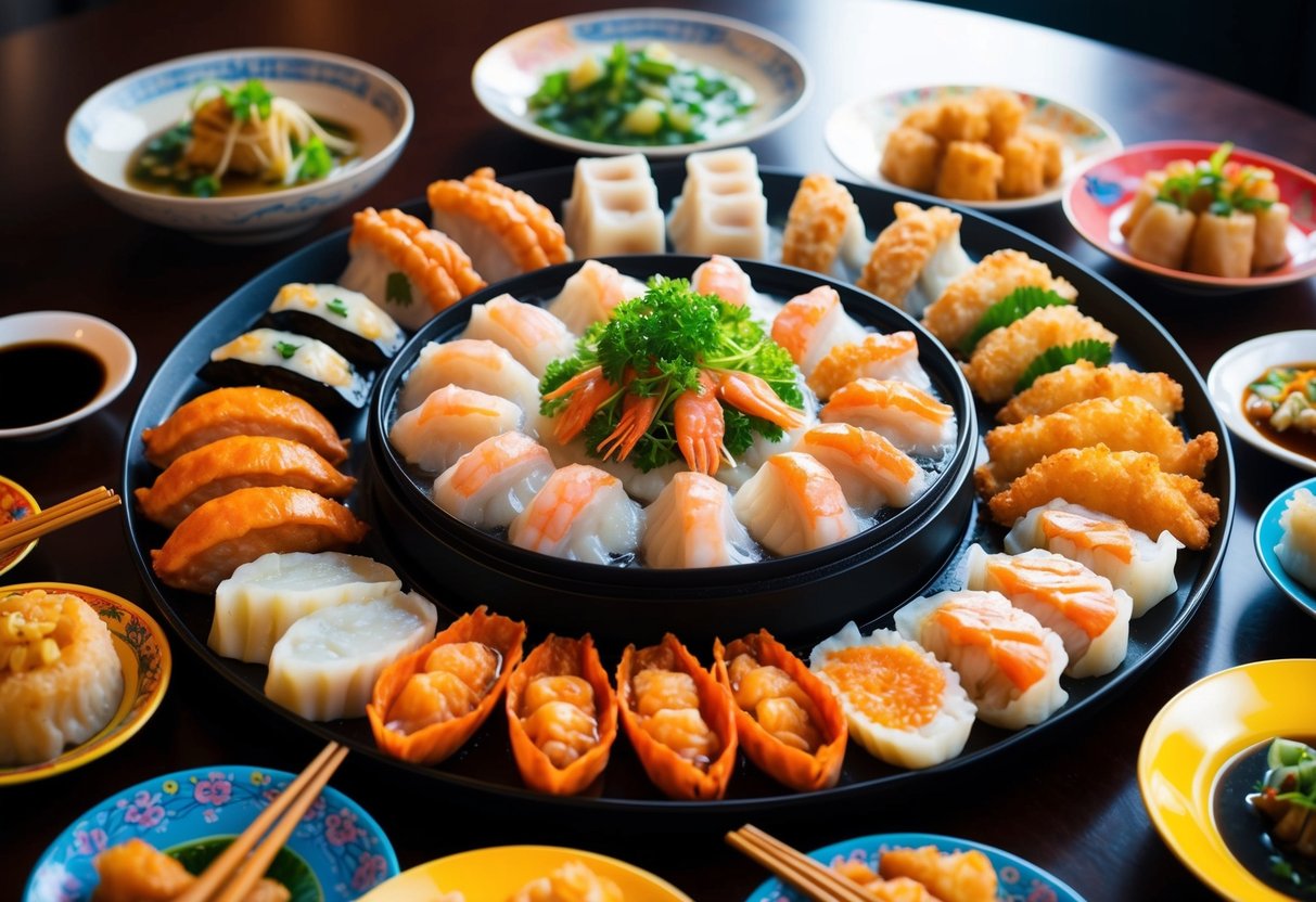 A table filled with a variety of steamed and fried seafood dim sum, surrounded by colorful plates and chopsticks
