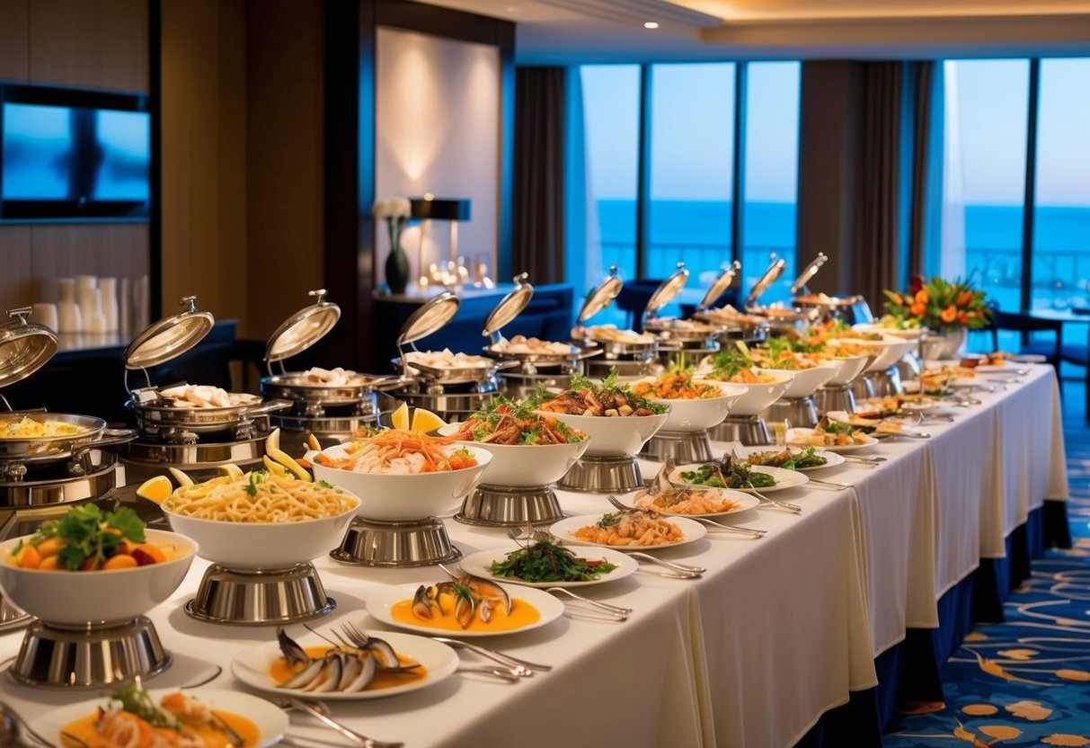 A lavish buffet spread featuring an array of fresh seafood dishes, beautifully presented on a long, elegant table in a stylish hotel dining room