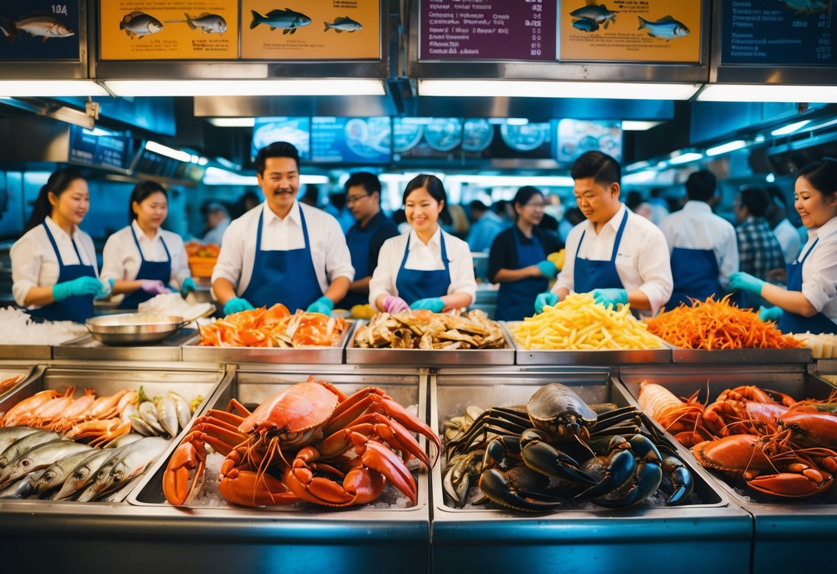 A bustling seafood market with colorful displays of fresh fish, crabs, and lobsters, surrounded by eager customers and busy staff