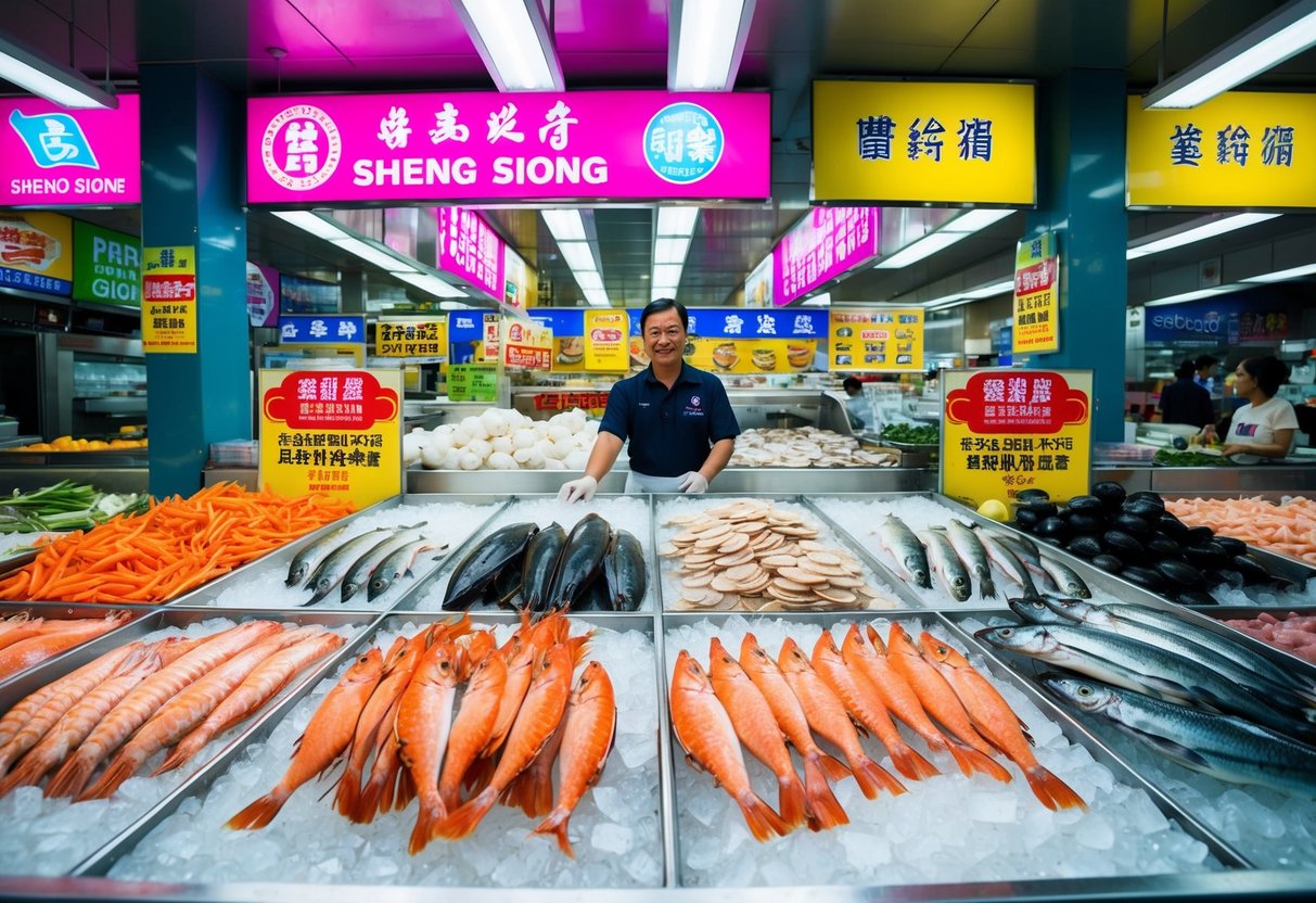 A bountiful display of fresh seafood on ice at Sheng Siong, surrounded by vibrant promotional signs and banners