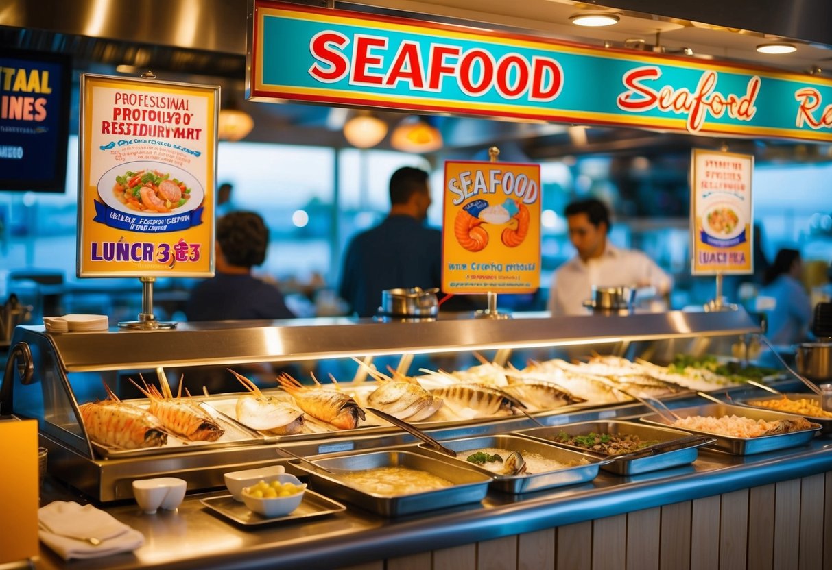 A bustling seafood restaurant during lunchtime, with colorful promotional signs and a display of fresh seafood dishes