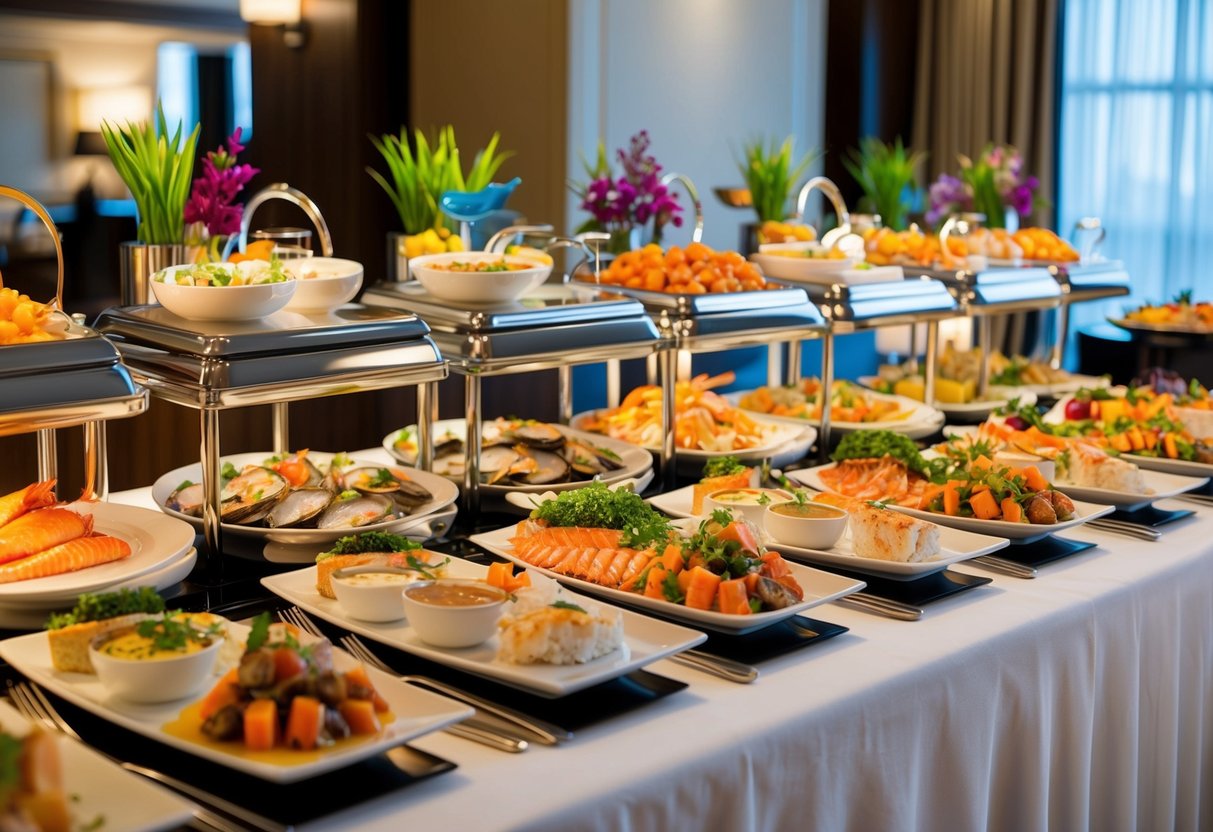 A lavish spread of fresh seafood and decadent dishes at a hotel buffet, with elegant table settings and vibrant displays