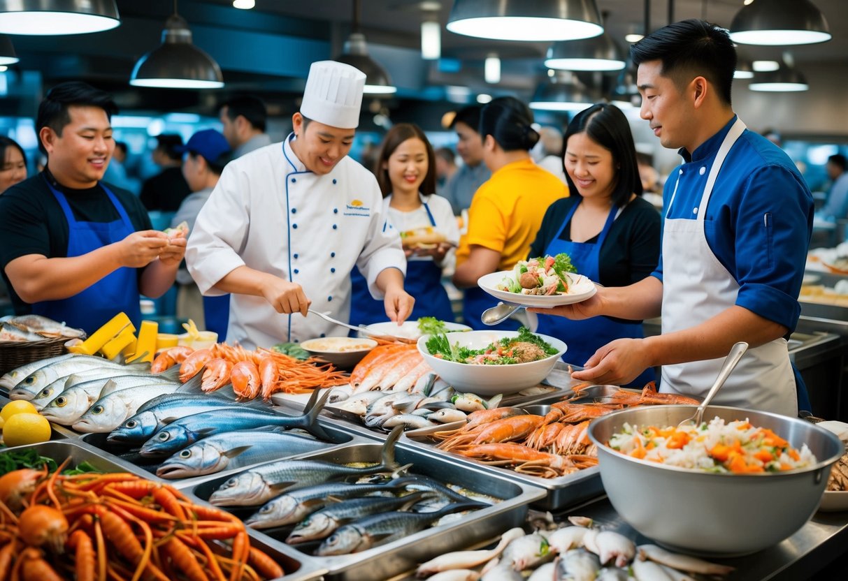 A bustling seafood market with colorful displays of fish, shellfish, and crustaceans. A chef prepares a dish while customers eagerly sample fresh catches