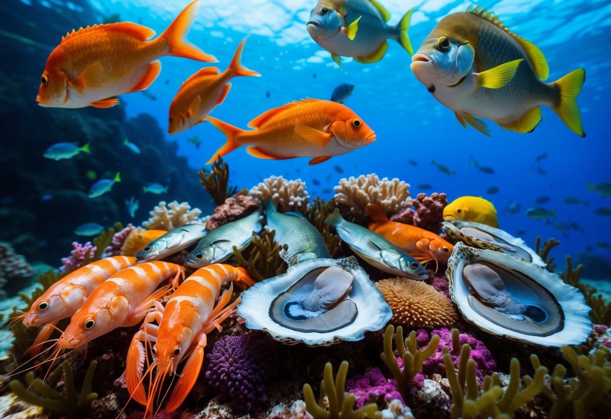A vibrant underwater scene with an array of seafood, including fish, shrimp, and oysters, displayed on a bed of colorful coral and seaweed