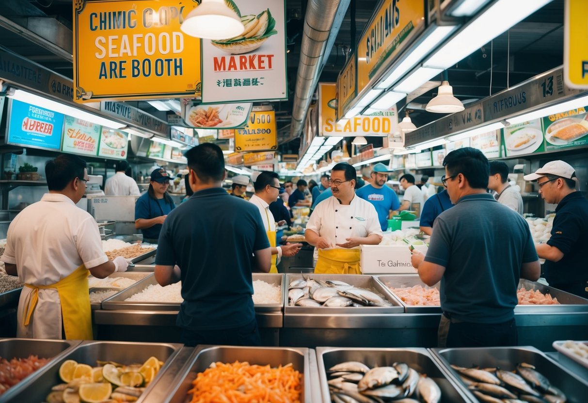 A bustling seafood market with various promotional signs and displays. Customers and vendors engage in conversation and transactions