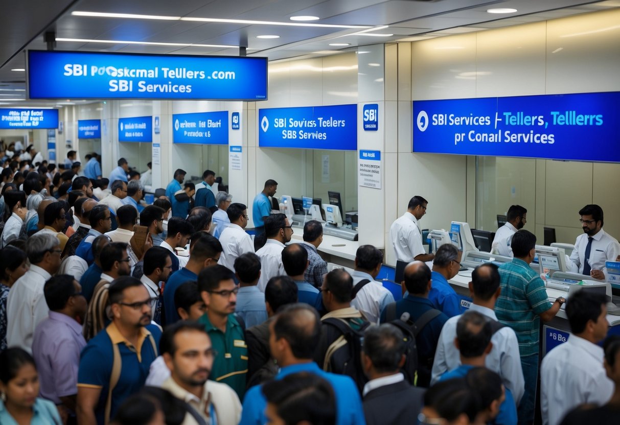 A crowded bank with people waiting in line, signs promoting SBI services, and tellers assisting customers at the counter