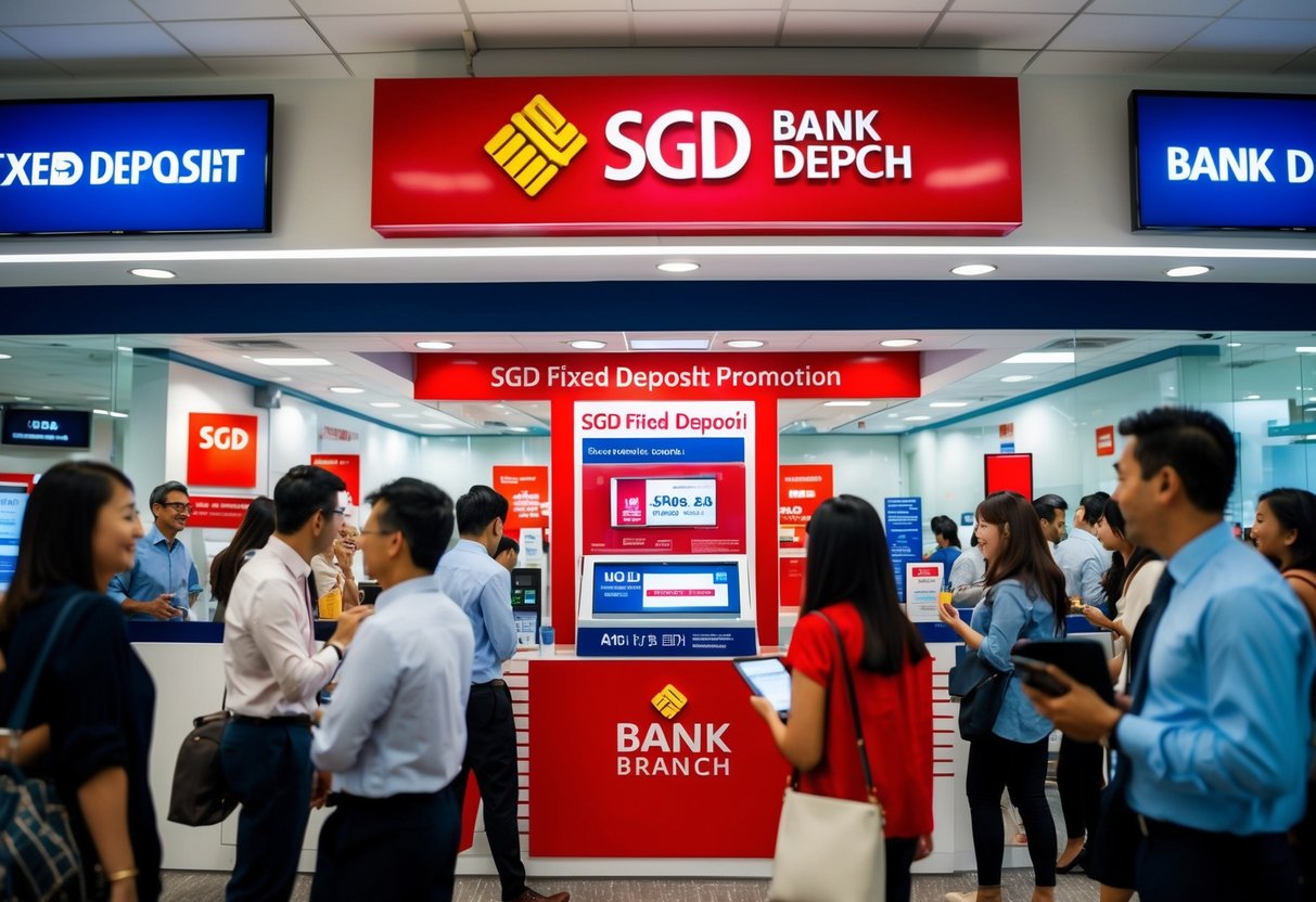 A vibrant bank branch with a prominent SGD Fixed Deposit promotion display, surrounded by eager customers and a dynamic atmosphere