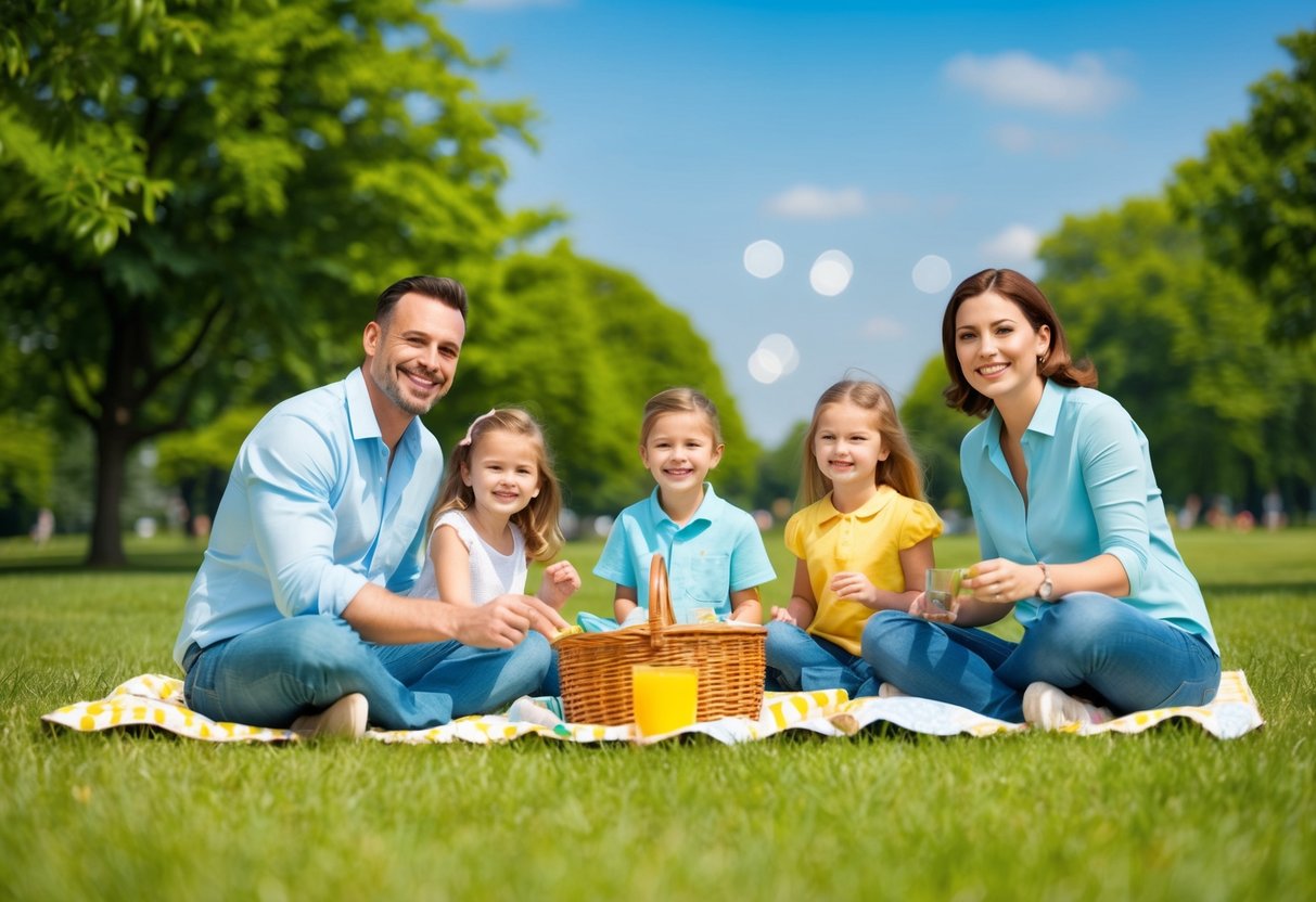 A smiling family enjoying a picnic in a sunny park, surrounded by lush greenery and a clear blue sky