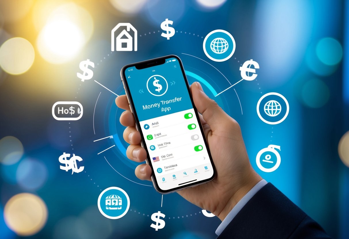 A hand holding a smartphone with a money transfer app open, surrounded by symbols of home and international currency