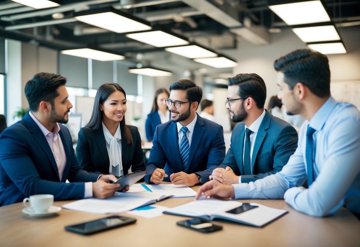 A bustling office environment with employees in business attire discussing career advancement and growth opportunities