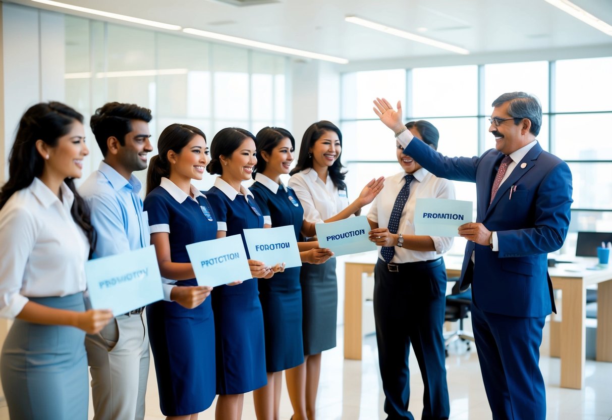 A line of SBI Clerks stand excitedly as they receive their promotion letters, while a senior officer congratulates them in a bright, modern office setting