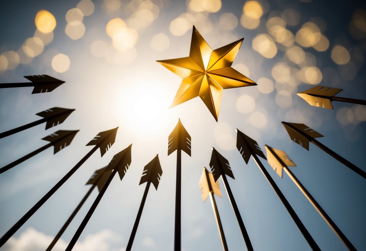 A group of ascending arrows pointing upwards towards a shining, golden star
