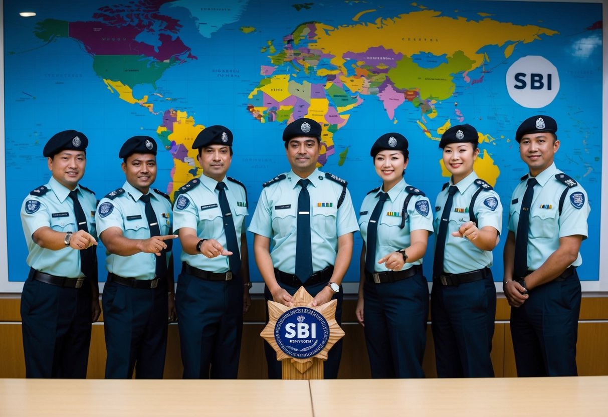 A group of uniformed officers stand in front of a world map, pointing to various international locations. The SBI logo is prominently displayed
