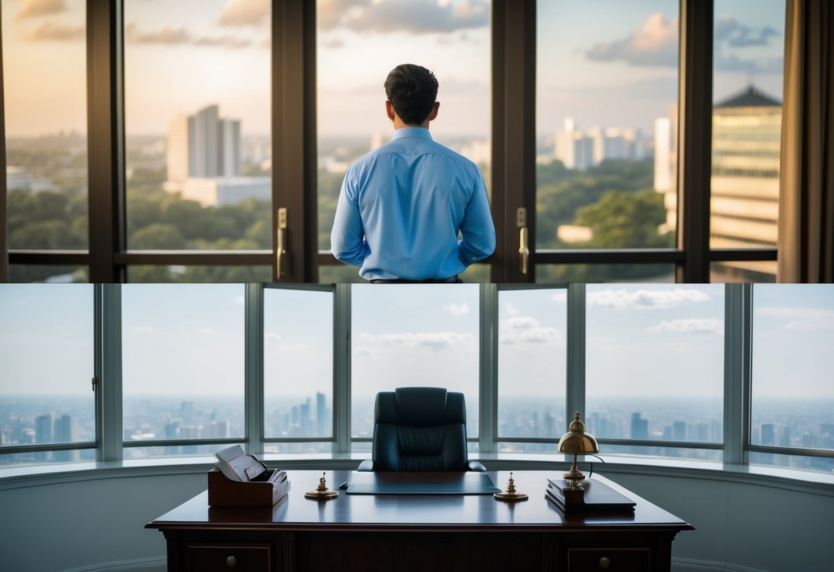 A clerk's desk transforms into a grand office with a view, symbolizing the career progression from SBI Clerk to Probationary Officer