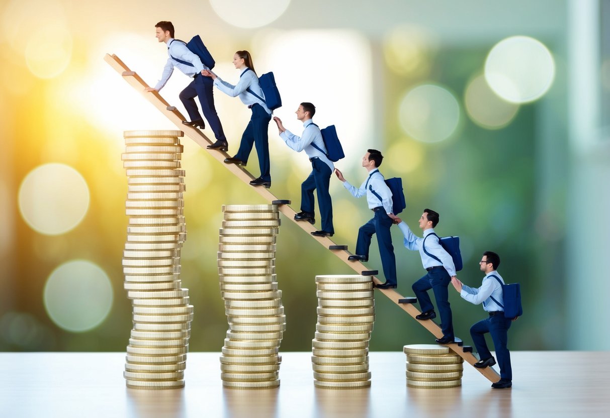 Employees climbing ladder from entry-level to top-grade at SBI, with each rung representing a promotion