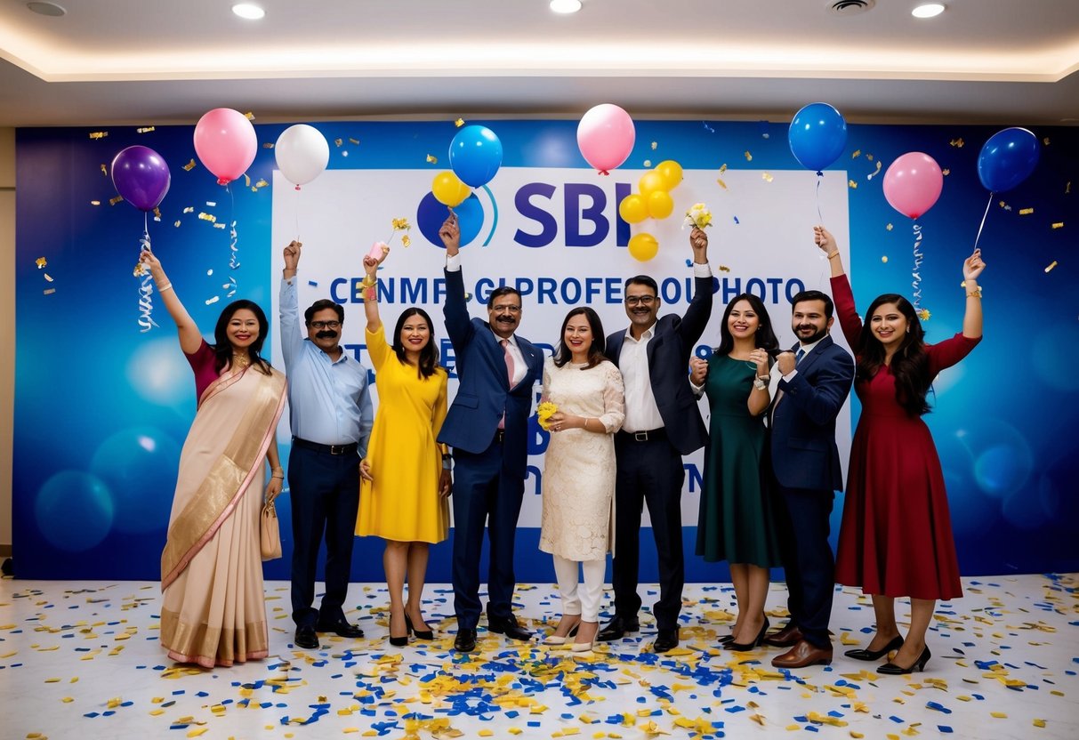 A group of people celebrating with balloons and confetti in front of a large banner promoting SBI