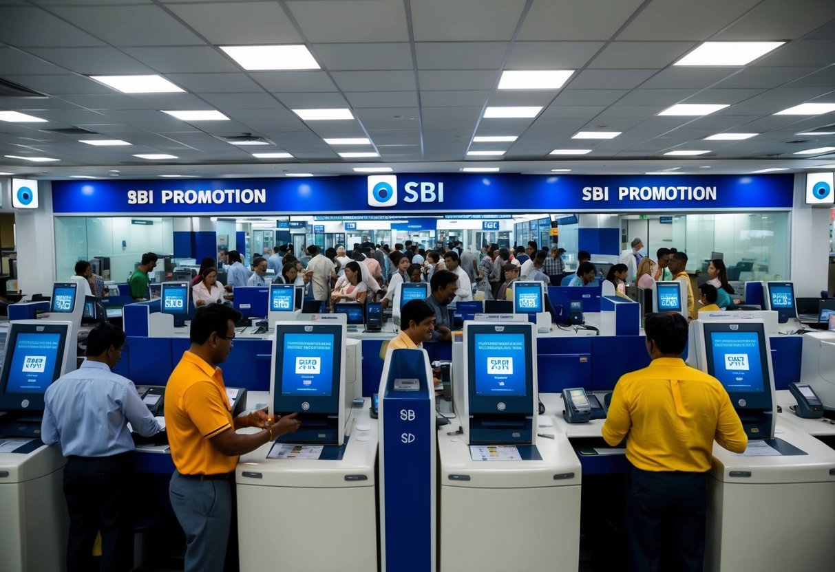 A crowded bank branch with customers redeeming SBI promotion offers at the teller counters and self-service kiosks
