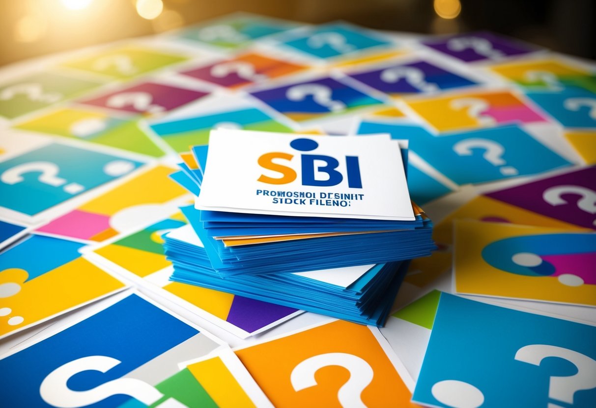 A stack of colorful promotional flyers with the SBI logo, surrounded by question marks