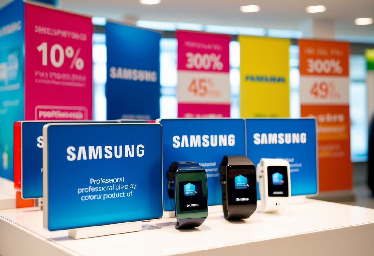 A colorful display of Samsung products with promotional banners and logos