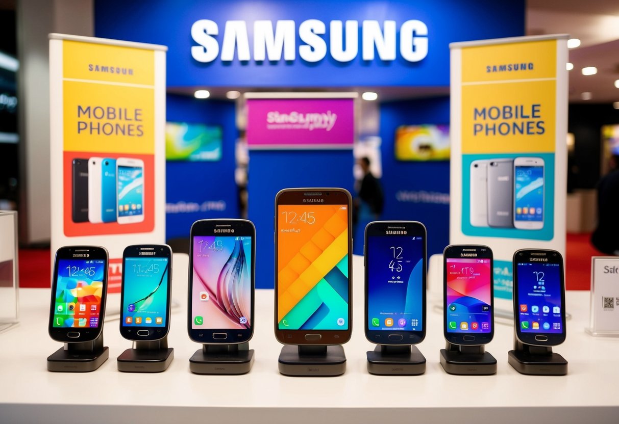 A colorful display of Samsung mobile phones with promotional signs and banners