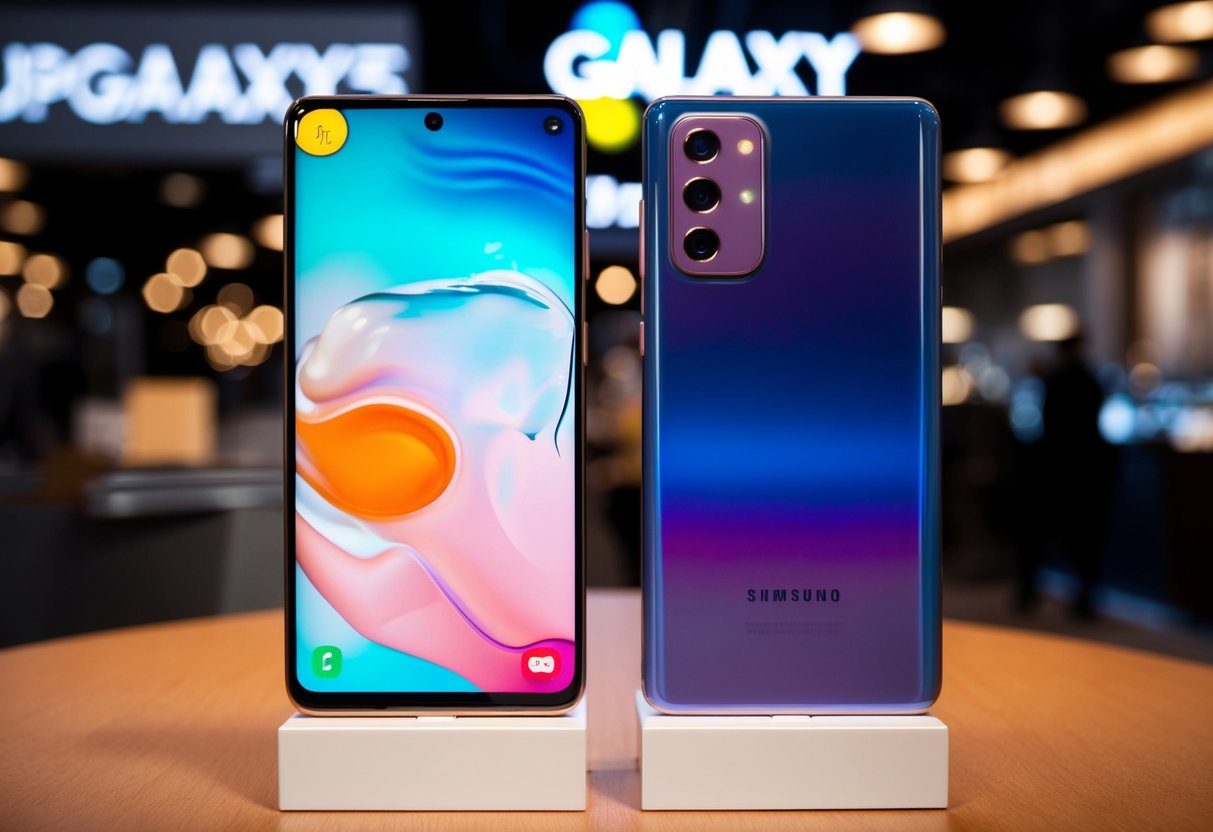 Two Galaxy S25 phones with upgraded storage, displayed in a promotional setting