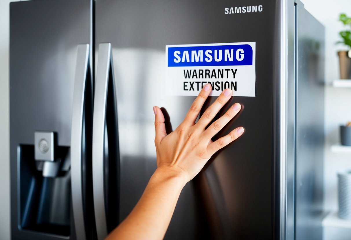 A hand reaching out to touch a Samsung refrigerator with a "one year warranty extension" sticker