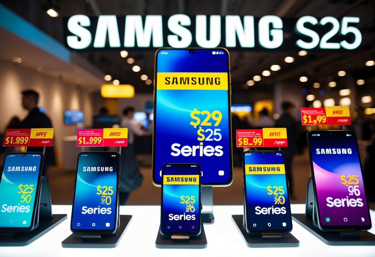 A vibrant display of Samsung S25 series devices with eye-catching promotional prices