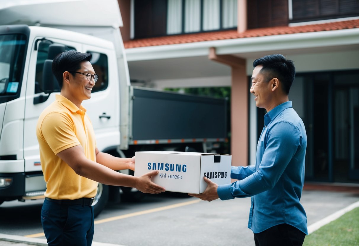 A delivery truck parked outside a Singaporean home, with a Samsung product box being handed over to a smiling customer