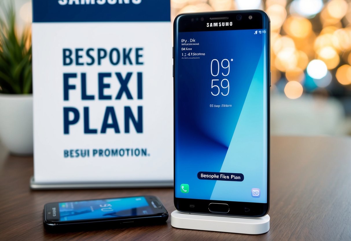 A sleek Samsung phone with a $0 price tag stands next to a "Bespoke Flexi Plan" promotion banner