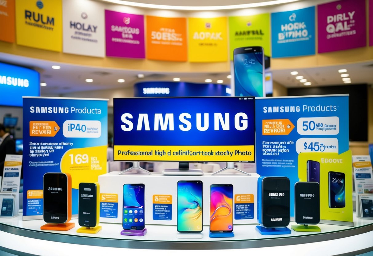 A colorful display of Samsung products with vibrant promotional banners and enticing rewards