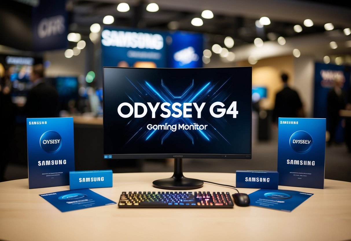 A sleek Odyssey G4 Gaming Monitor surrounded by Samsung promotional materials