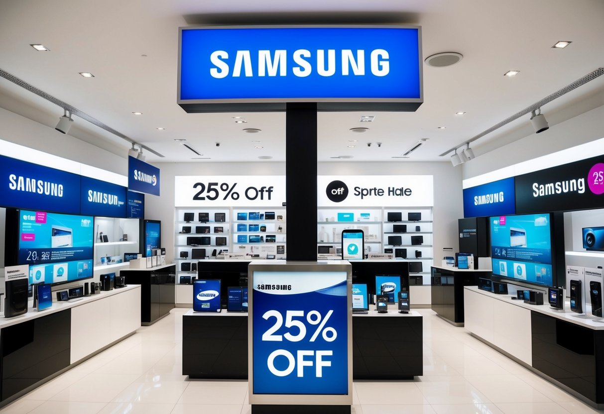 A bright, modern Samsung store with prominent 25% off signage and various Samsung products on display