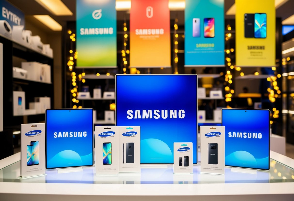 A vibrant display of Samsung products with promotional banners and logos
