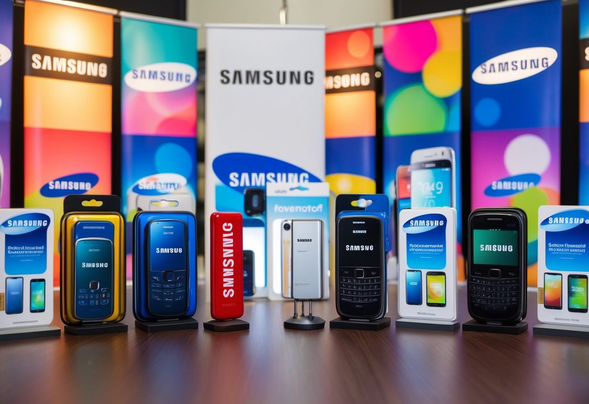 A colorful array of Samsung products displayed with promotional banners and logos