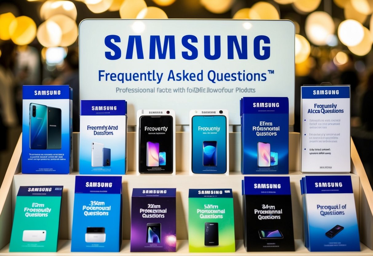 A colorful display of Samsung products with a "Frequently Asked Questions" section and promotional materials