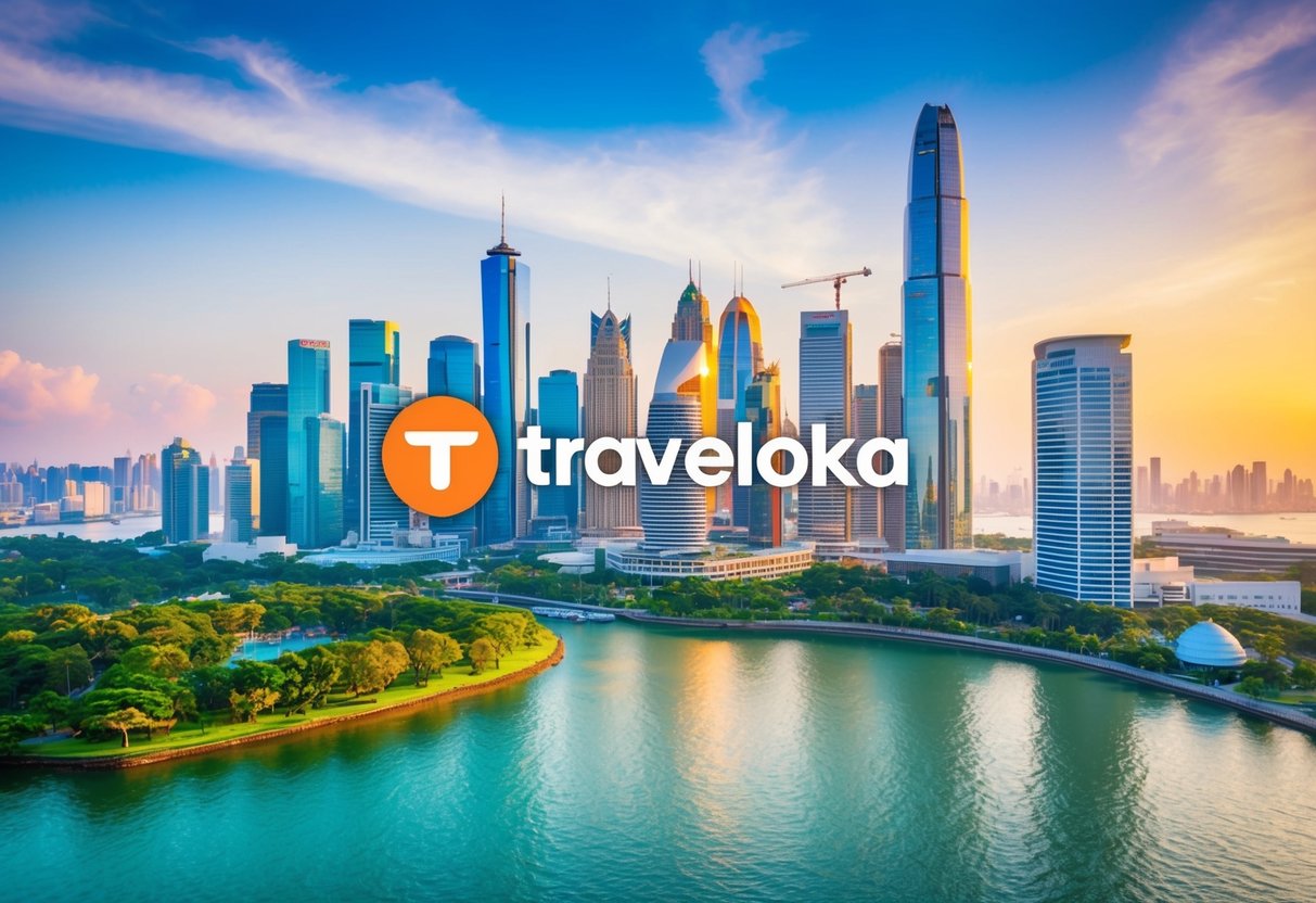 A vibrant city skyline with iconic landmarks, surrounded by lush greenery and sparkling waters, with a prominent Traveloka logo displayed prominently