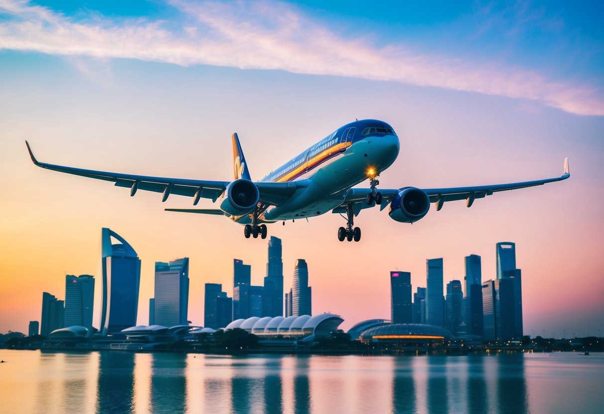 A colorful airplane soaring above iconic landmarks in Singapore