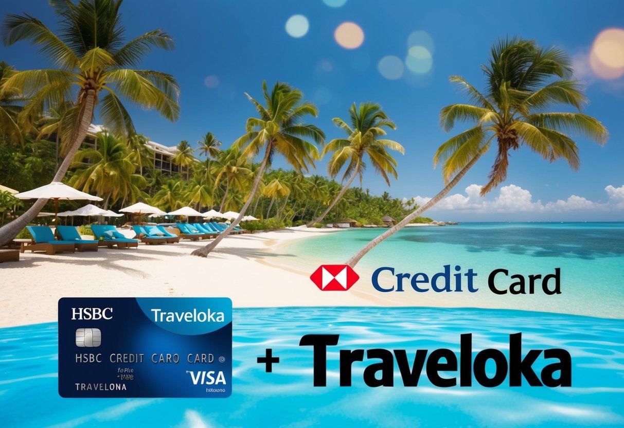 A tropical beach resort with palm trees, a crystal-clear ocean, and a luxurious hotel, with the HSBC credit card and Traveloka logo displayed prominently