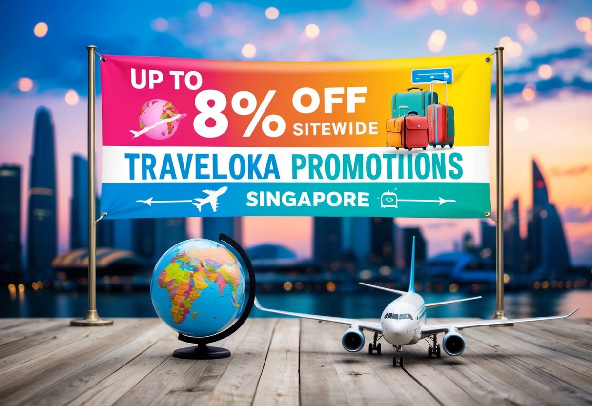A colorful banner displaying "Up to 8% Off Sitewide traveloka promotions singapore" with a globe, airplane, and travel destinations
