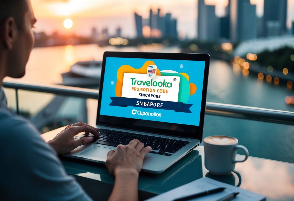 A traveler using a laptop to book a flight or hotel with a CupoNation Traveloka promotion code in Singapore