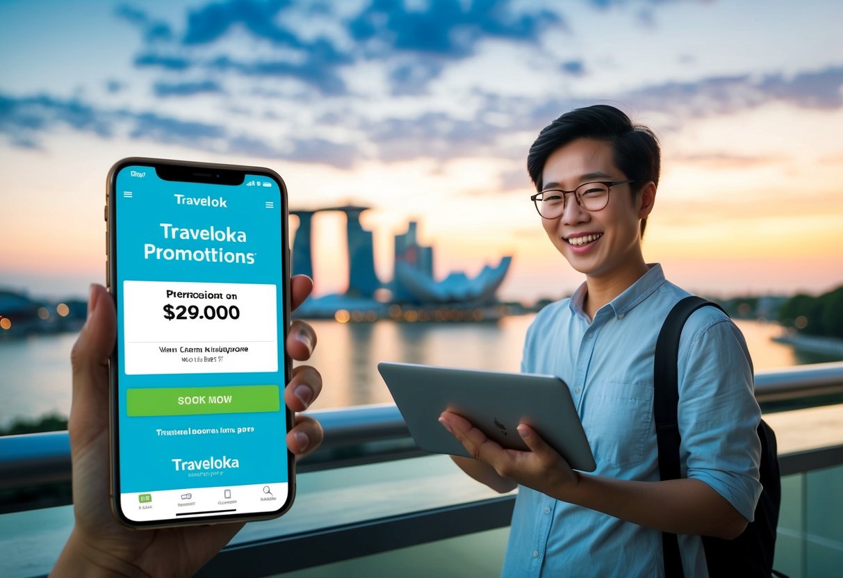 A traveler happily booking a hotel using Traveloka promotions in Singapore