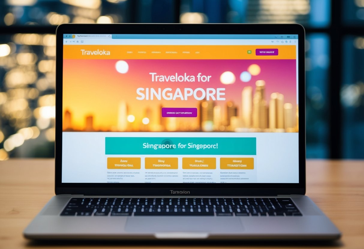 A laptop with the Traveloka website open, displaying a promotional banner for Singapore with a list of frequently asked questions below