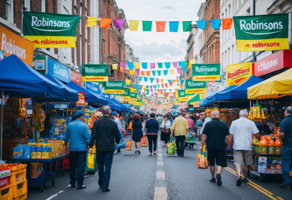 A busy street with colorful banners and flags, showcasing various products and promotions for Robinsons. Busy shoppers and vendors fill the scene