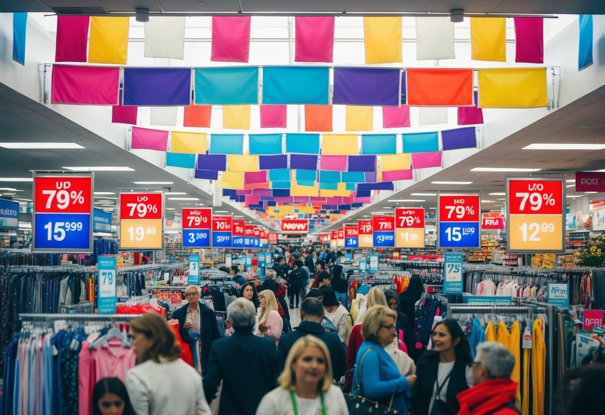 A bustling department store with colorful banners and crowded aisles, displaying discounted items with price tags slashed up to 79% off