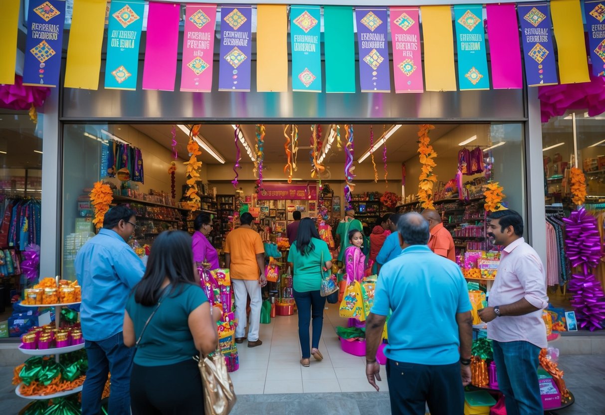 Colorful banners and streamers adorn the storefront, while customers eagerly browse through discounted items inside the store. A festive atmosphere fills the air as the excitement of Deepavali Delight spreads