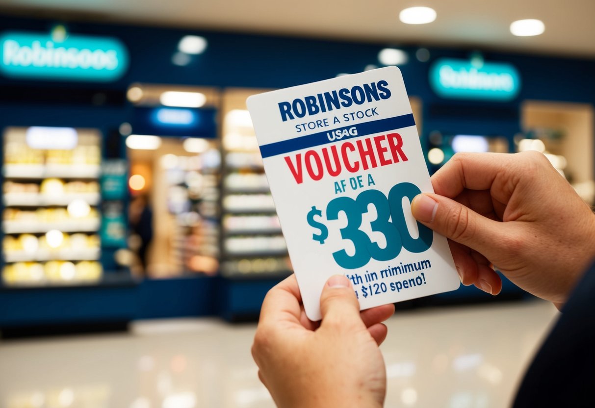 A shopper using a $30 voucher at a Robinsons store with a minimum $120 spend