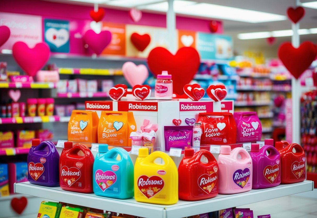 A colorful display of discounted products at a Robinsons store, with heart-shaped decorations and love-themed items